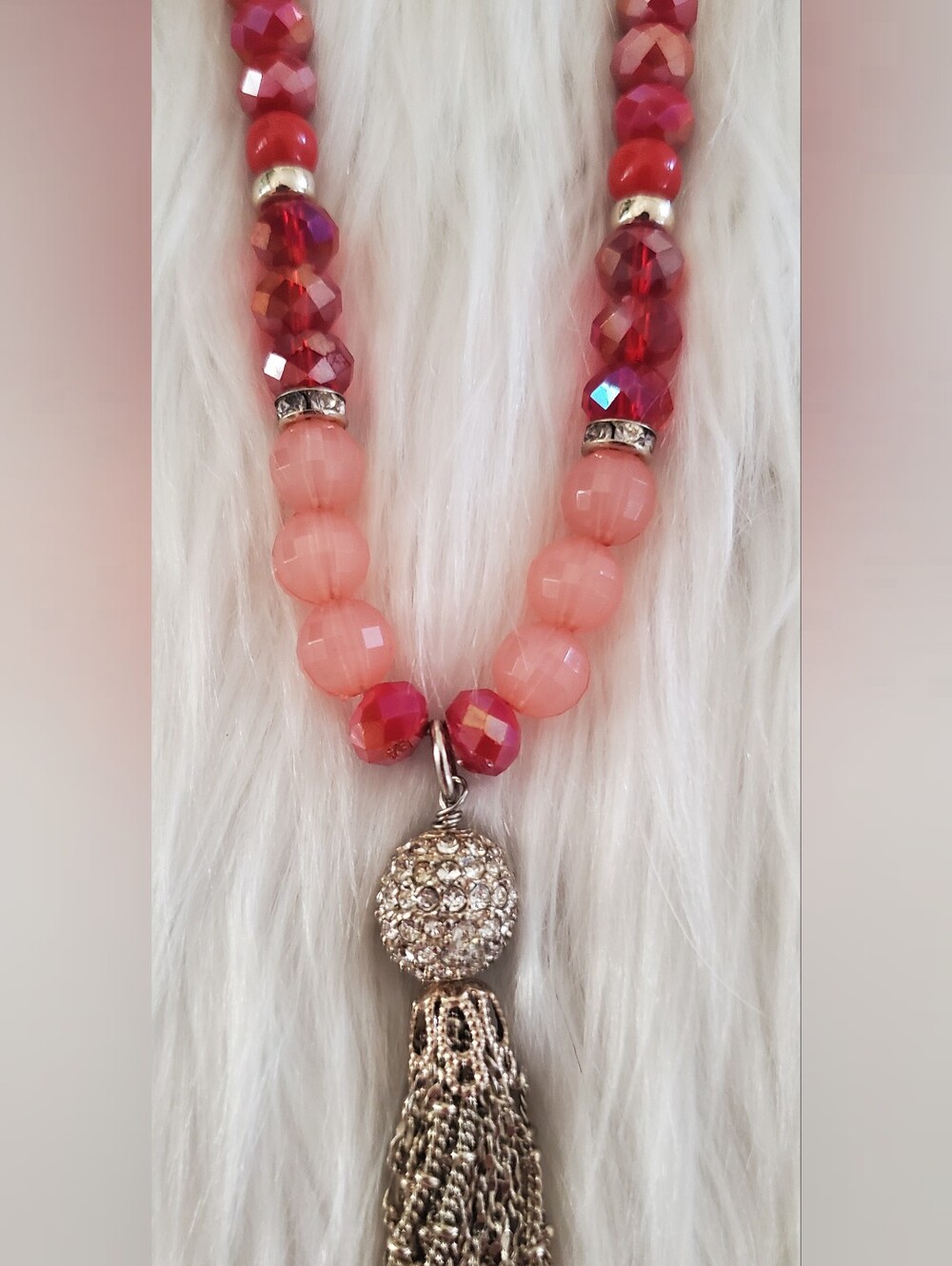 WHBM Pink, Berry Beaded Tassel Necklace & Stretch Bracelet Set | Crystal Accents - Picture 6 of 10